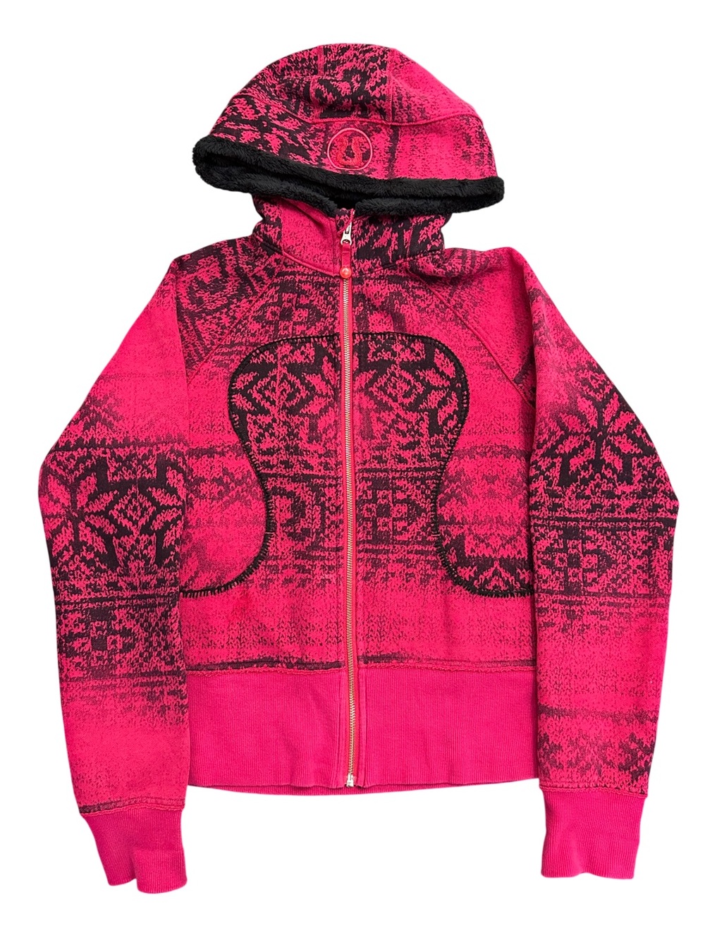 Lululemon Special Edition Scuba Hoodie Pink Fair Isle Sherpa Faux Fur Zip Sz 6